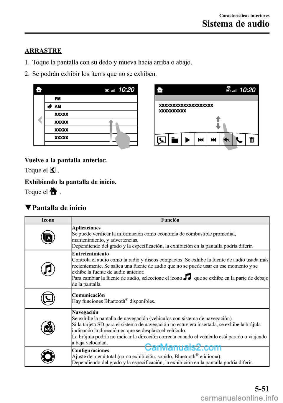 MAZDA MODEL CX-5 2016 Manual del propietario (in Spanish) ARRASTRE
1. Toque la pantalla con su dedo y mueva hacia arriba o abajo.
2. Se podrán exhibir los ítems que no se exhiben.
Vuelve a la pantalla anterior.
Toque el
.
Exhibiendo la pantalla de inicio.
MAZDA MODEL CX-5 2016 Manual del propietario (in Spanish) ARRASTRE
1. Toque la pantalla con su dedo y mueva hacia arriba o abajo.
2. Se podrán exhibir los ítems que no se exhiben.
Vuelve a la pantalla anterior.
Toque el
.
Exhibiendo la pantalla de inicio.