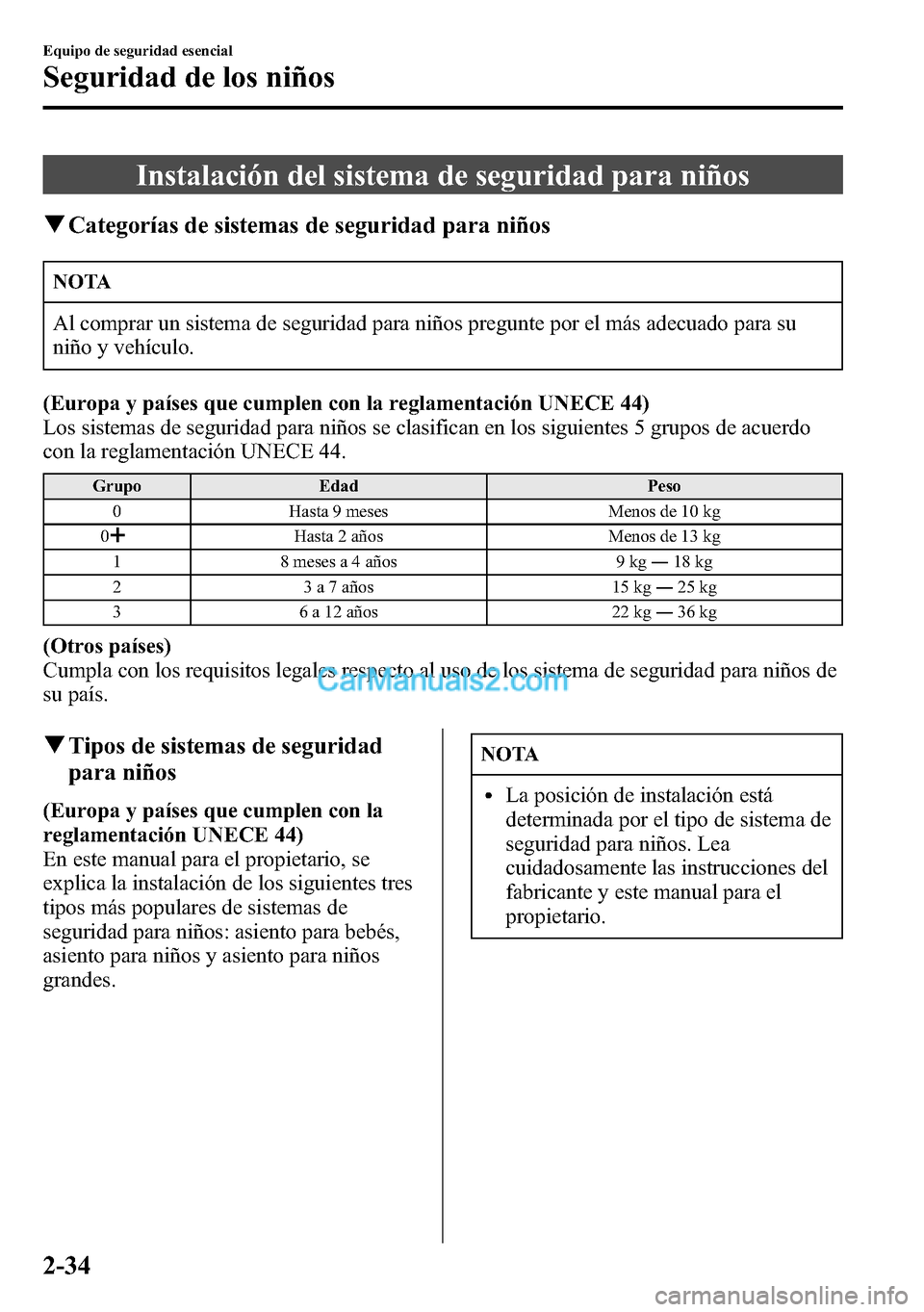 MAZDA MODEL CX-5 2016  Manual del propietario (in Spanish) Instalación del sistema de seguridad para niños
qCategorías de sistemas de seguridad para niños
NOTA
Al comprar un sistema de seguridad para niños pregunte por el más adecuado para su
niño y ve