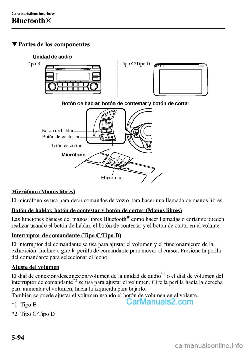 MAZDA MODEL CX-5 2016 Manual del propietario (in Spanish) qPartes de los componentes
Botón de hablar, botón de contestar y botón de cortar
Micrófono Botón de hablar
Botón de cortar Botón de contestar
Unidad de audio
Tipo B Tipo C/Tipo D
Micrófono
Mi MAZDA MODEL CX-5 2016 Manual del propietario (in Spanish) qPartes de los componentes
Botón de hablar, botón de contestar y botón de cortar
Micrófono Botón de hablar
Botón de cortar Botón de contestar
Unidad de audio
Tipo B Tipo C/Tipo D
Micrófono
Mi