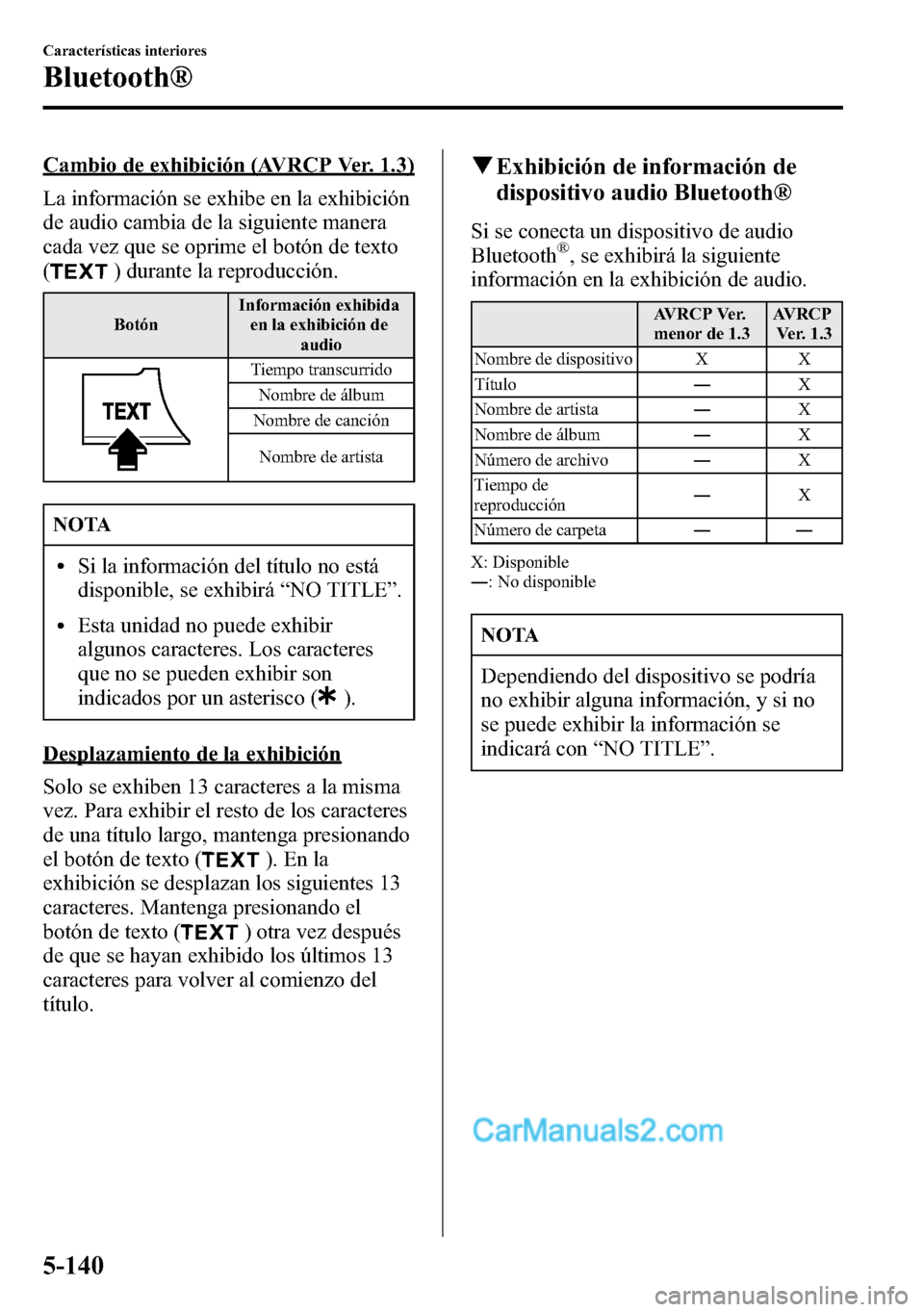 MAZDA MODEL CX-5 2016 Manual del propietario (in Spanish) Cambio de exhibición (AVRCP Ver. 1.3)
La información se exhibe en la exhibición
de audio cambia de la siguiente manera
cada vez que se oprime el botón de texto
(
) durante la reproducción.
Botón MAZDA MODEL CX-5 2016 Manual del propietario (in Spanish) Cambio de exhibición (AVRCP Ver. 1.3)
La información se exhibe en la exhibición
de audio cambia de la siguiente manera
cada vez que se oprime el botón de texto
(
) durante la reproducción.
Botón