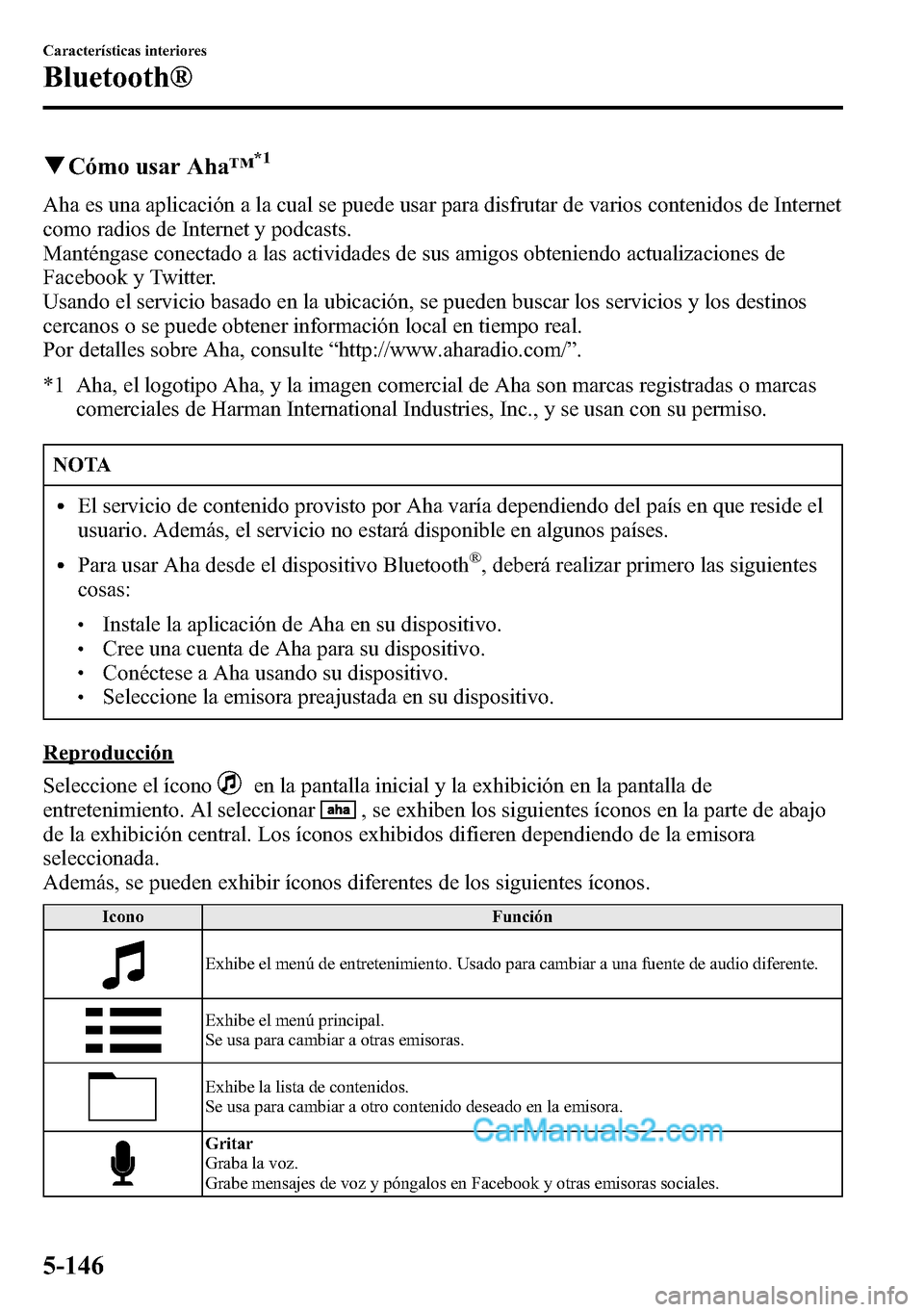 MAZDA MODEL CX-5 2016 Manual del propietario (in Spanish) qCómo usar Aha™*1
Aha es una aplicación a la cual se puede usar para disfrutar de varios contenidos de Internet
como radios de Internet y podcasts.
Manténgase conectado a las actividades de sus a MAZDA MODEL CX-5 2016 Manual del propietario (in Spanish) qCómo usar Aha™*1
Aha es una aplicación a la cual se puede usar para disfrutar de varios contenidos de Internet
como radios de Internet y podcasts.
Manténgase conectado a las actividades de sus a