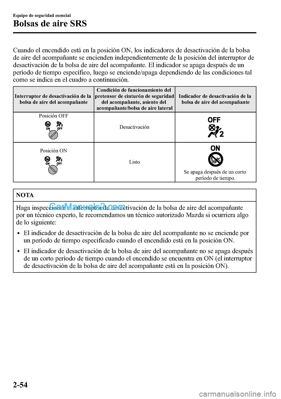 MAZDA MODEL CX-5 2016 Manual del propietario (in Spanish) Cuando el encendido está en la posición ON, los indicadores de desactivación de la bolsa
de aire del acompañante se encienden independientemente de la posición del interruptor de
desactivación d MAZDA MODEL CX-5 2016 Manual del propietario (in Spanish) Cuando el encendido está en la posición ON, los indicadores de desactivación de la bolsa
de aire del acompañante se encienden independientemente de la posición del interruptor de
desactivación d