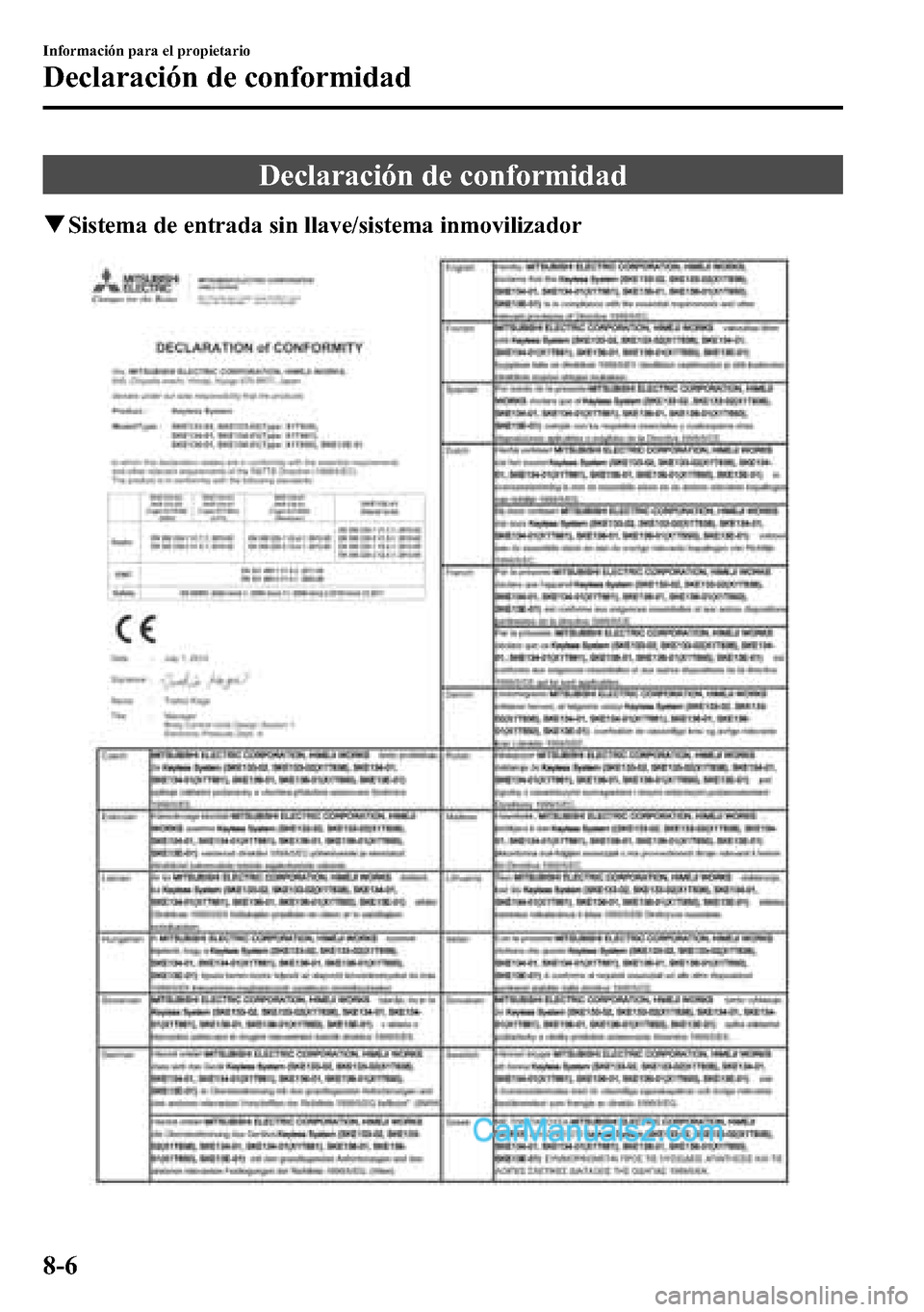 MAZDA MODEL CX-5 2016  Manual del propietario (in Spanish) Declaración de conformidad
qSistema de entrada sin llave/sistema inmovilizador
8-6
Información para el propietario
Declaración de conformidad  
