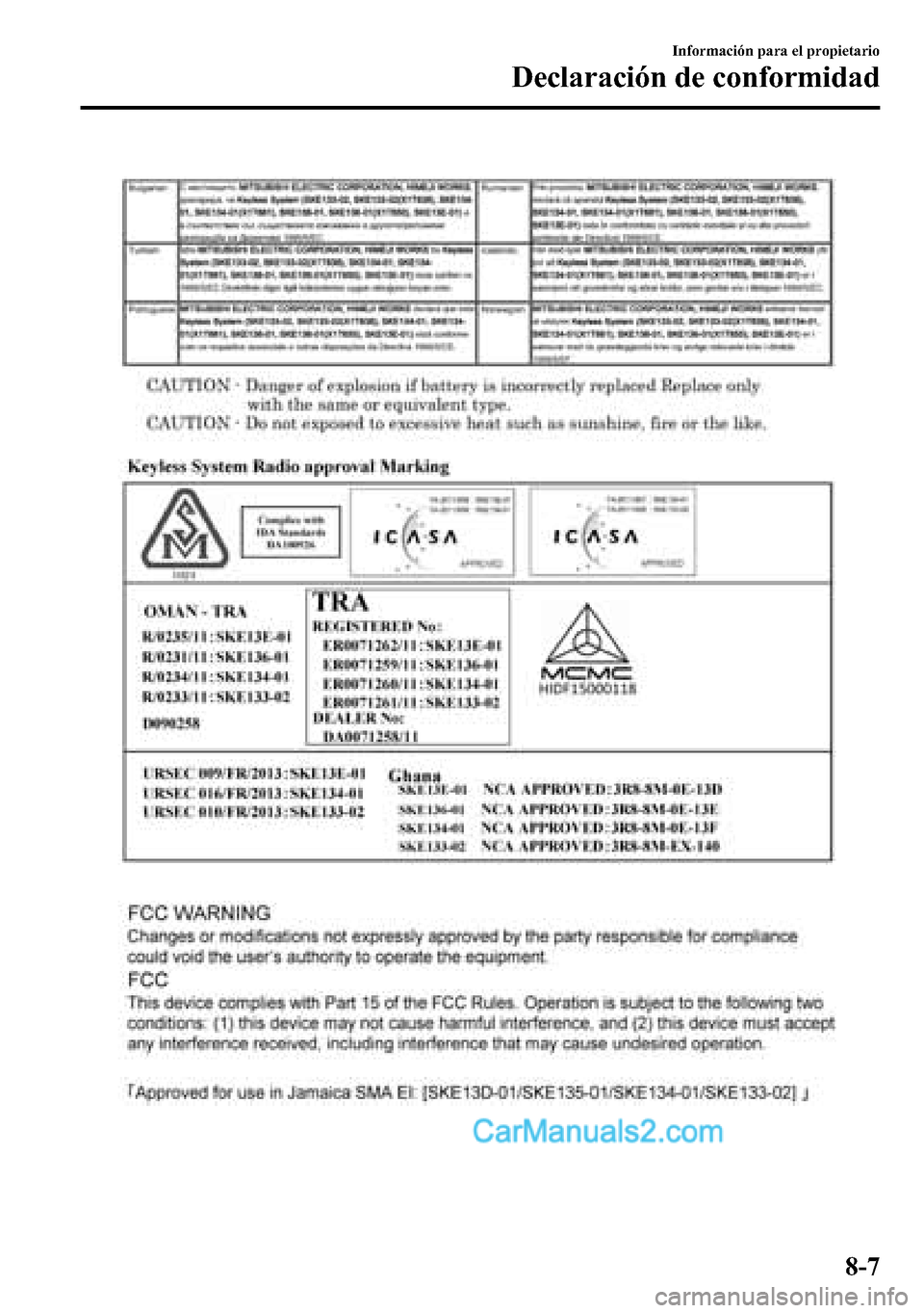 MAZDA MODEL CX-5 2016  Manual del propietario (in Spanish) Información para el propietario
Declaración de conformidad
8-7  