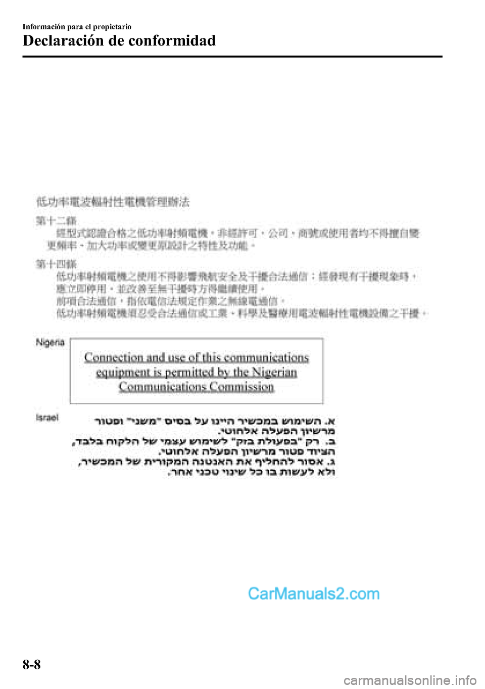 MAZDA MODEL CX-5 2016  Manual del propietario (in Spanish) 8-8
Información para el propietario
Declaración de conformidad  