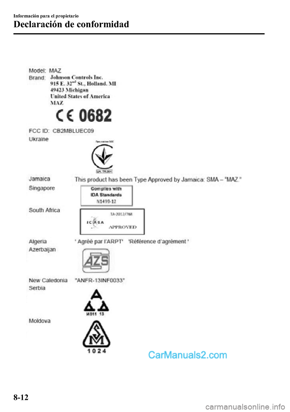 MAZDA MODEL CX-5 2016  Manual del propietario (in Spanish) 8-12
Información para el propietario
Declaración de conformidad  