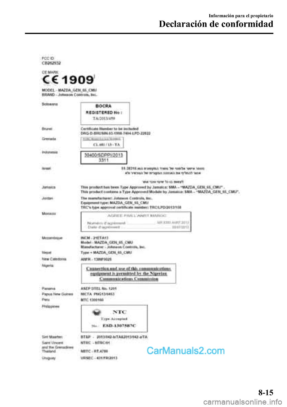 MAZDA MODEL CX-5 2016  Manual del propietario (in Spanish) Información para el propietario
Declaración de conformidad
8-15  