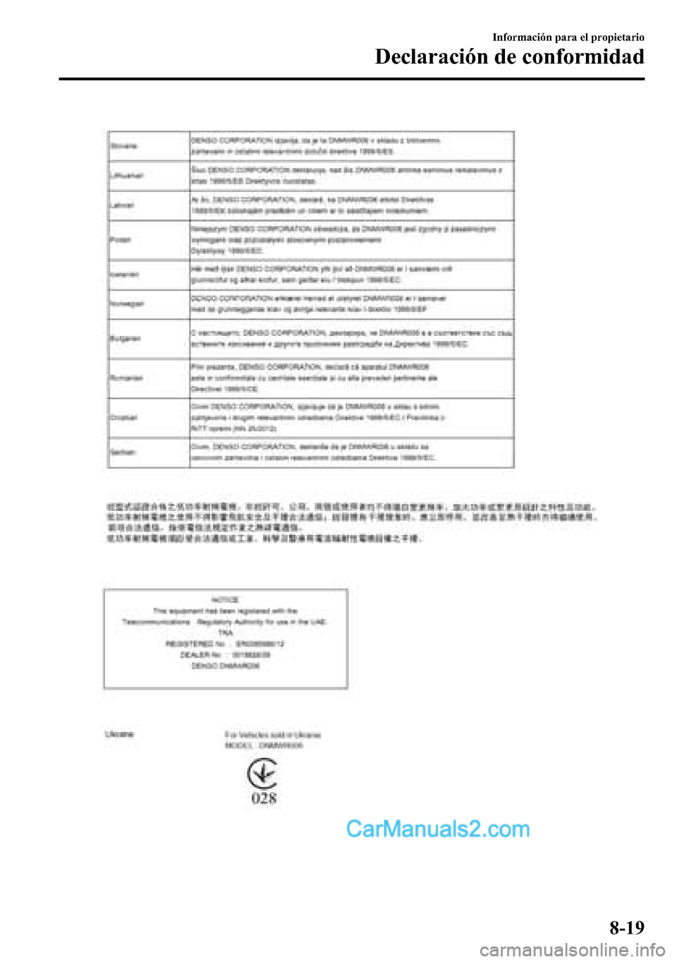 MAZDA MODEL CX-5 2016  Manual del propietario (in Spanish) Información para el propietario
Declaración de conformidad
8-19  