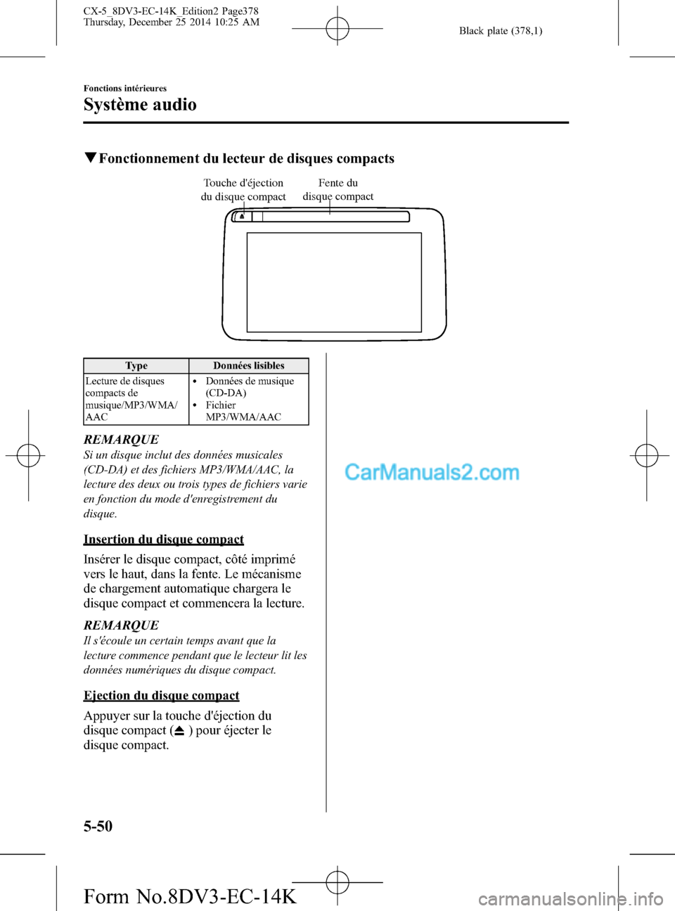 MAZDA MODEL CX-5 2016 Manuel du propriétaire (in French) Black plate (378,1)
qFonctionnement du lecteur de disques compacts
Fente du
disque compact Touche déjection
du disque compact
Type Données lisibles
Lecture de disques
compacts de
musique/MP3/WMA/ MAZDA MODEL CX-5 2016 Manuel du propriétaire (in French) Black plate (378,1)
qFonctionnement du lecteur de disques compacts
Fente du
disque compact Touche déjection
du disque compact
Type Données lisibles
Lecture de disques
compacts de
musique/MP3/WMA/