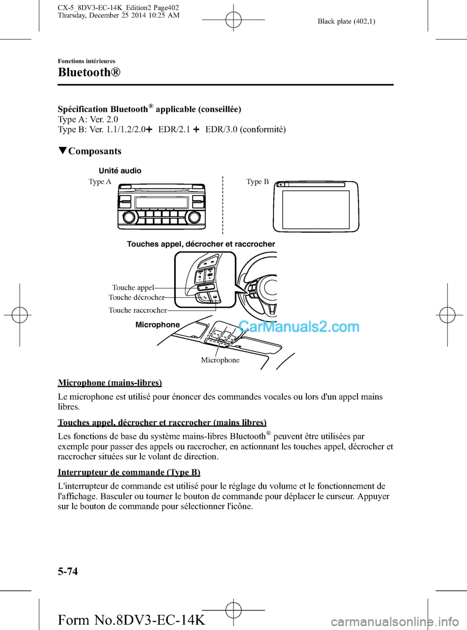 MAZDA MODEL CX-5 2016  Manuel du propriétaire (in French) Black plate (402,1)
Spécification Bluetooth®applicable (conseillée)
Type A: Ver. 2.0
Type B: Ver. 1.1/1.2/2.0
EDR/2.1EDR/3.0 (conformité)
qComposants
Touches appel, décrocher et raccrocher
Microp