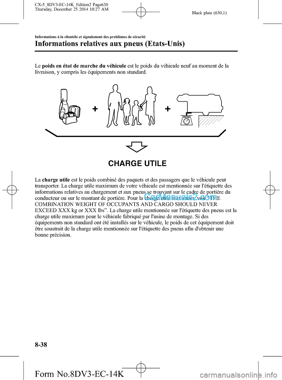 MAZDA MODEL CX-5 2016 Manuel du propriétaire (in French) Black plate (630,1)
Lepoids en état de marche du véhiculeest le poids du véhicule neuf au moment de la
livraison, y compris les équipements non standard.
CHARGE UTILE
Lacharge utileest le poids co MAZDA MODEL CX-5 2016 Manuel du propriétaire (in French) Black plate (630,1)
Lepoids en état de marche du véhiculeest le poids du véhicule neuf au moment de la
livraison, y compris les équipements non standard.
CHARGE UTILE
Lacharge utileest le poids co