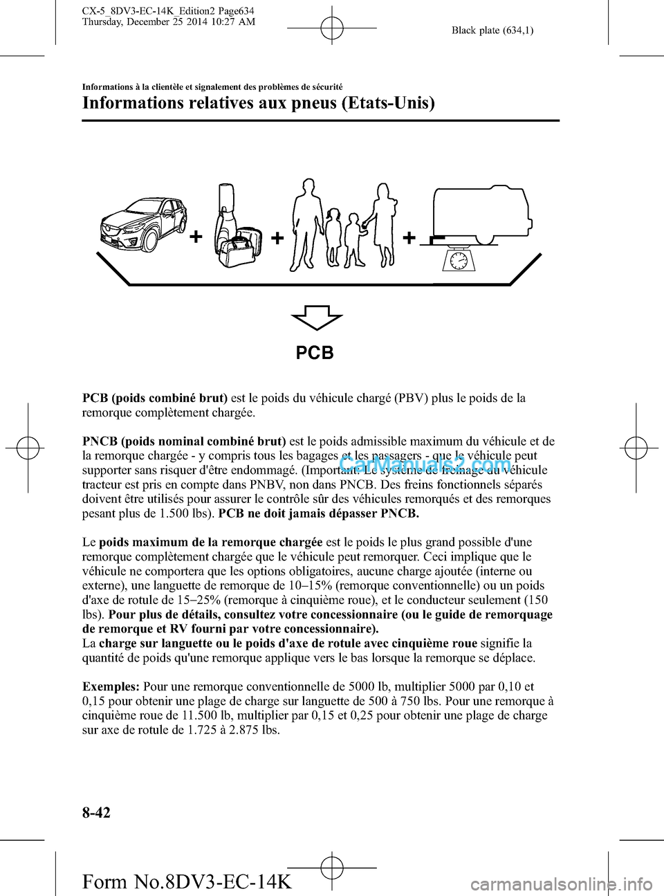 MAZDA MODEL CX-5 2016 Manuel du propriétaire (in French) Black plate (634,1)
PCB
PCB (poids combiné brut)est le poids du véhicule chargé (PBV) plus le poids de la
remorque complètement chargée.
PNCB (poids nominal combiné brut)est le poids admissible MAZDA MODEL CX-5 2016 Manuel du propriétaire (in French) Black plate (634,1)
PCB
PCB (poids combiné brut)est le poids du véhicule chargé (PBV) plus le poids de la
remorque complètement chargée.
PNCB (poids nominal combiné brut)est le poids admissible