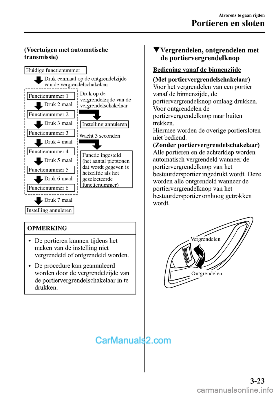 MAZDA MODEL CX-5 2016  Handleiding (in Dutch) (Voertuigen met automatische
transmissie)
Druk eenmaal op de ontgrendelzijde 
van de vergrendelschakelaar
Druk 2 maal 
Druk 3 maal  Huidige functienummer
Functienummer 1 
Functienummer 2 
Druk 4 maal 