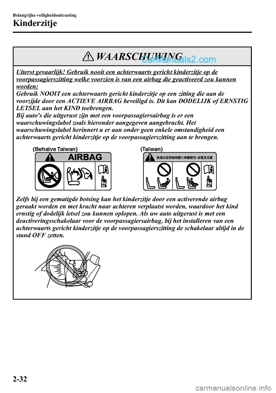 MAZDA MODEL CX-5 2016  Handleiding (in Dutch) WAARSCHUWING
Uiterst gevaarlijk! Gebruik nooit een achterwaarts gericht kinderzitje op de
voorpassagierszitting welke voorzien is van een airbag die geactiveerd zou kunnen
worden:
Gebruik NOOIT een ac