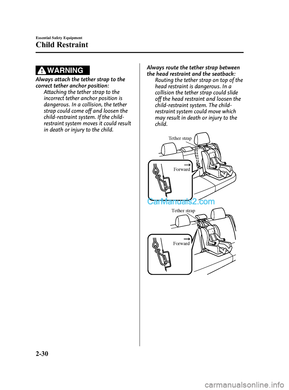 MAZDA MODEL CX-5 2015 (in English) Service Manual Black plate (42,1)
WARNING
Always attach the tether strap to the
correct tether anchor position:Attaching the tether strap to the
incorrect tether anchor position is
dangerous. In a collision, the tet MAZDA MODEL CX-5 2015 (in English) Service Manual Black plate (42,1)
WARNING
Always attach the tether strap to the
correct tether anchor position:Attaching the tether strap to the
incorrect tether anchor position is
dangerous. In a collision, the tet