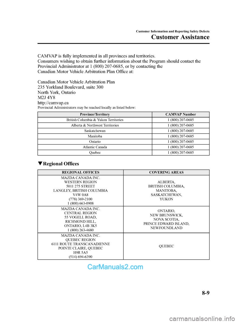 MAZDA MODEL CX-5 2015  Owners Manual (in English) Black plate (469,1)
CAMVAP is fully implemented in all provinces and territories.
Consumers wishing to obtain further information about the Program should contact the
Provincial Administrator at 1 (80
