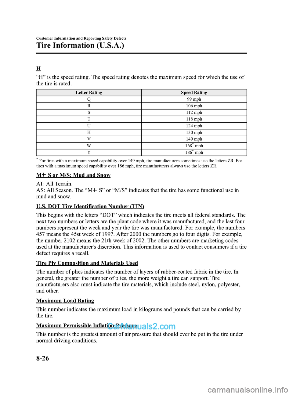 MAZDA MODEL CX-5 2015  Owners Manual (in English) Black plate (486,1)
H
“H ”is the speed rating. The speed rating denotes the maximum speed for which the use of
the tire is rated.
Letter Rating Speed Rating
Q 99 mph
R 106 mph
S 112 mph
T 118 mph

