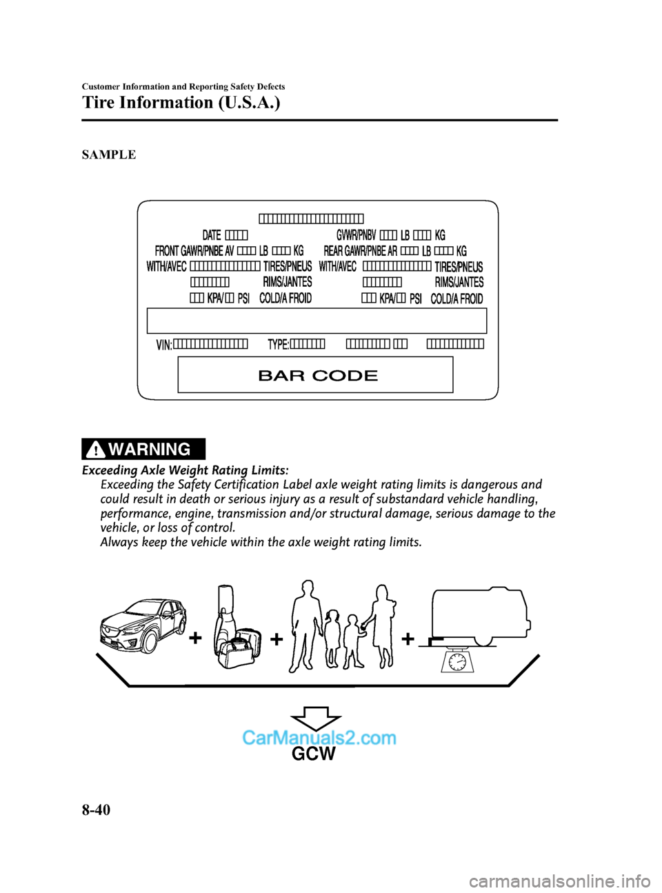 MAZDA MODEL CX-5 2015 Owners Manual (in English) Black plate (500,1)
SAMPLE
WARNING
Exceeding Axle Weight Rating Limits:Exceeding the Safety Certification Label axle weight rating limits is dangerous and
could result in death or serious injury as a MAZDA MODEL CX-5 2015 Owners Manual (in English) Black plate (500,1)
SAMPLE
WARNING
Exceeding Axle Weight Rating Limits:Exceeding the Safety Certification Label axle weight rating limits is dangerous and
could result in death or serious injury as a
