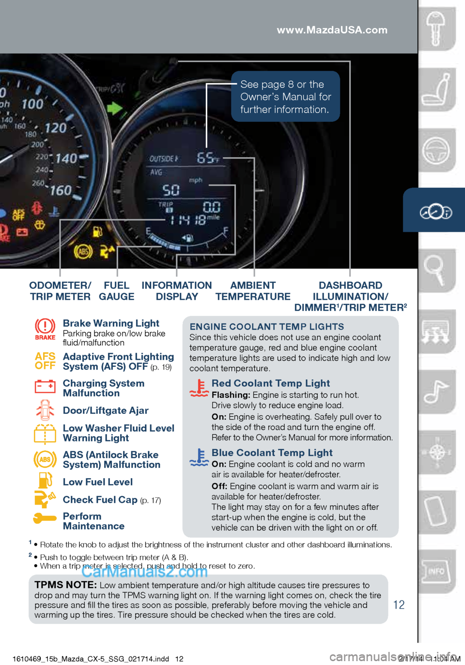 MAZDA MODEL CX-5 2015  Smart Start Guide (in English) DASHBOARD 
ILLUMINATION/  
DIMMER
1/TRIP METER2 
1  • Rotate the knob to adjust the brightness of the instrument cluster and\
 other dashboard illuminations.2 • Push to toggle between trip meter (