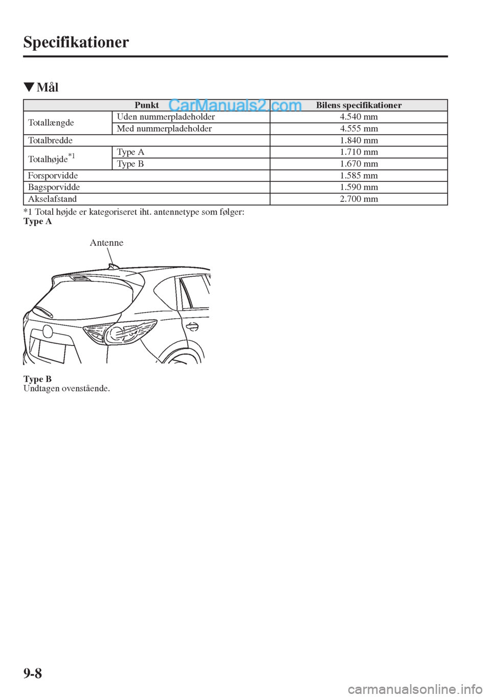 MAZDA MODEL CX-5 2015  Instruktionsbog (in Danish) 9-8
Specifikationer
�WMål
*1 Total højde er kategoriseret iht. antennetype som følger:
Type A
Type B
Undtagen ovenstående.
PunktBilens specifikationer
TotallængdeUden nummerpladeholder 4.540 mm
M