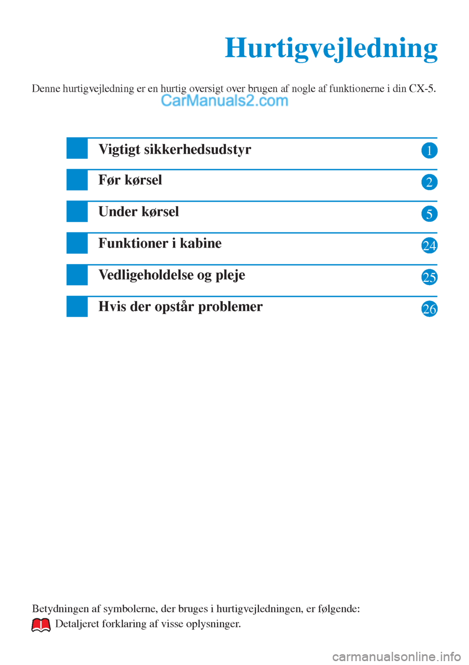 MAZDA MODEL CX-5 2015  Hurtigvejledning (in Danish) 1
2
5
24
25
Hurtigvejledning Hurtigvejledning
Denne hurtigvejledning er en hurtig oversigt over brugen af nogle af funktionerne i din CX-5.
Vigtigt sikkerhedsudstyr
Før kørsel
Under kørsel
Funktion