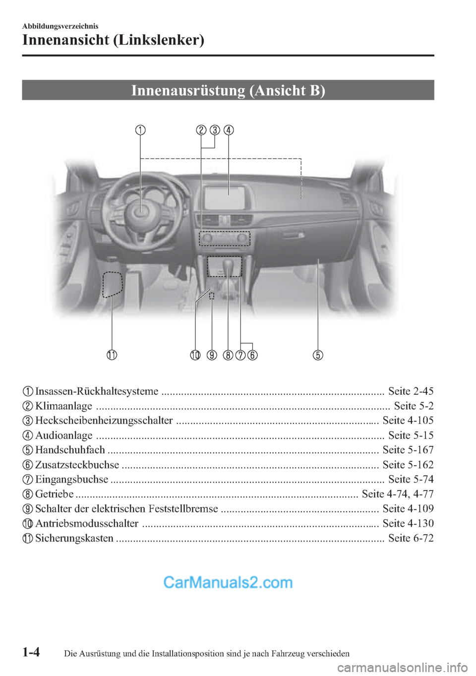 MAZDA MODEL CX-5 2015 Betriebsanleitung (in German) Innenausrüstung (Ansicht B)
Insassen-Rückhaltesysteme ............................................................................... Seite 2-45
Klimaanlage ......................................... MAZDA MODEL CX-5 2015 Betriebsanleitung (in German) Innenausrüstung (Ansicht B)
Insassen-Rückhaltesysteme ............................................................................... Seite 2-45
Klimaanlage .........................................