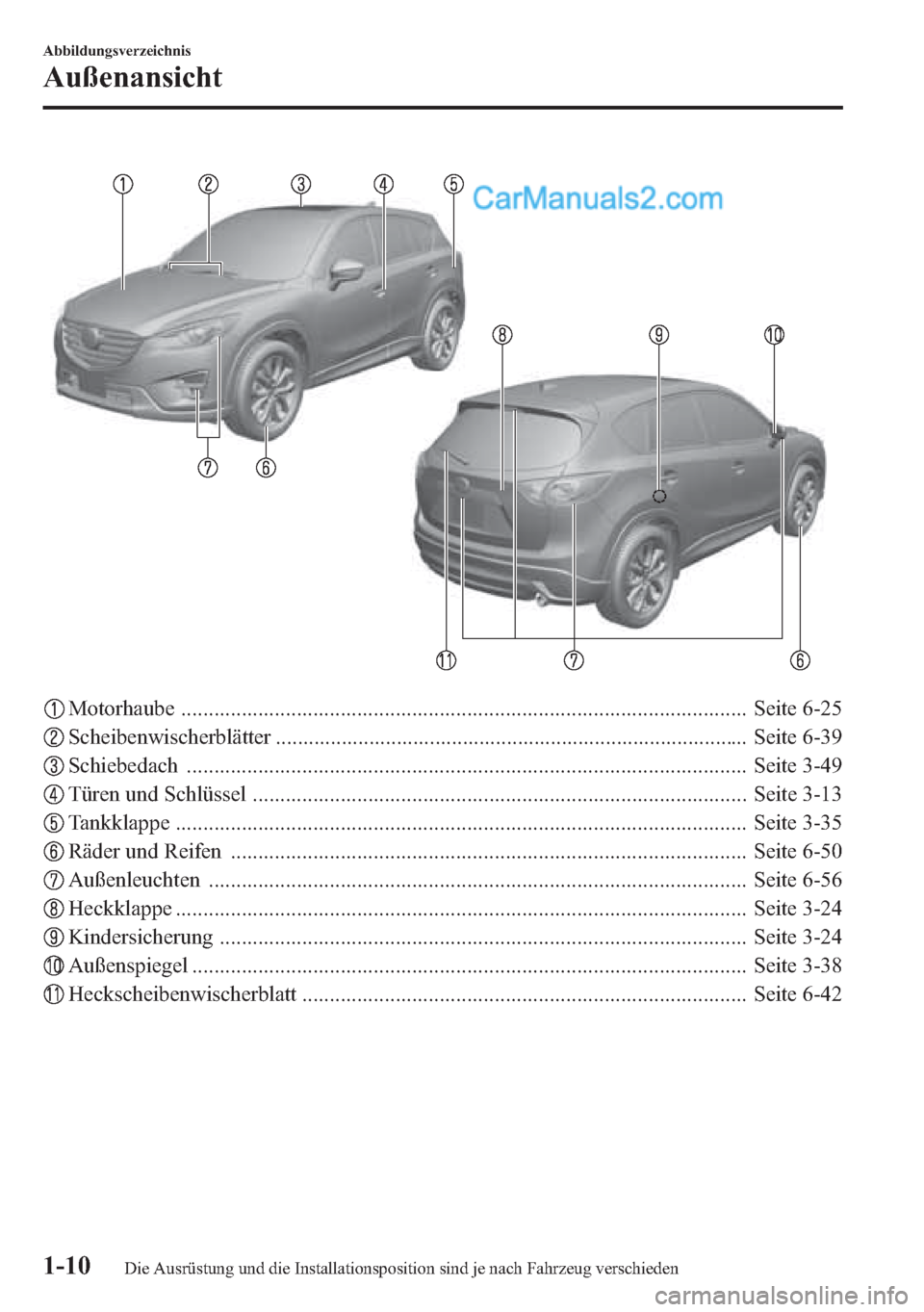 MAZDA MODEL CX-5 2015  Betriebsanleitung (in German) Motorhaube ....................................................................................................... Seite 6-25
Scheibenwischerblätter ..................................................