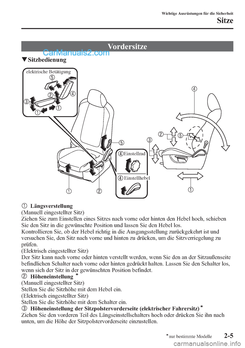 MAZDA MODEL CX-5 2015  Betriebsanleitung (in German) Vordersitze
qSitzbedienung
elektrische Betätigung
Einstellrad
Einstellhebel
Längsverstellung
(Manuell eingestellter Sitz)
Ziehen Sie zum Einstellen eines Sitzes nach vorne oder hinten den Hebel hoch