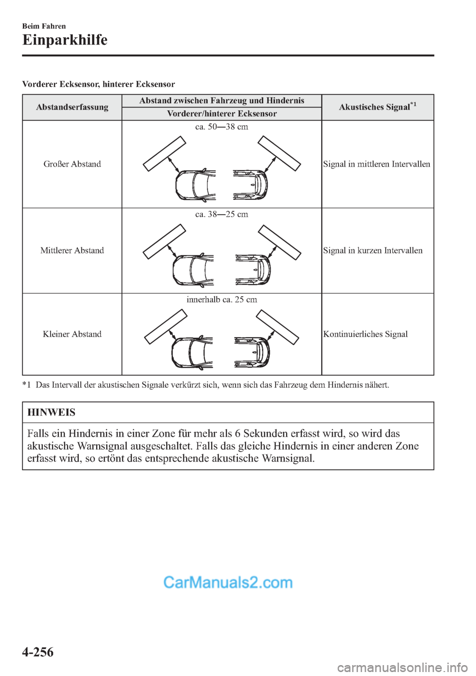 MAZDA MODEL CX-5 2015 Betriebsanleitung (in German) Vorderer Ecksensor, hinterer Ecksensor
AbstandserfassungAbstand zwischen Fahrzeug und Hindernis
Akustisches Signal
*1Vorderer/hinterer Ecksensor
Großer Abstandca. 50―38 cm
Signal in mittleren Inter MAZDA MODEL CX-5 2015 Betriebsanleitung (in German) Vorderer Ecksensor, hinterer Ecksensor
AbstandserfassungAbstand zwischen Fahrzeug und Hindernis
Akustisches Signal
*1Vorderer/hinterer Ecksensor
Großer Abstandca. 50―38 cm
Signal in mittleren Inter