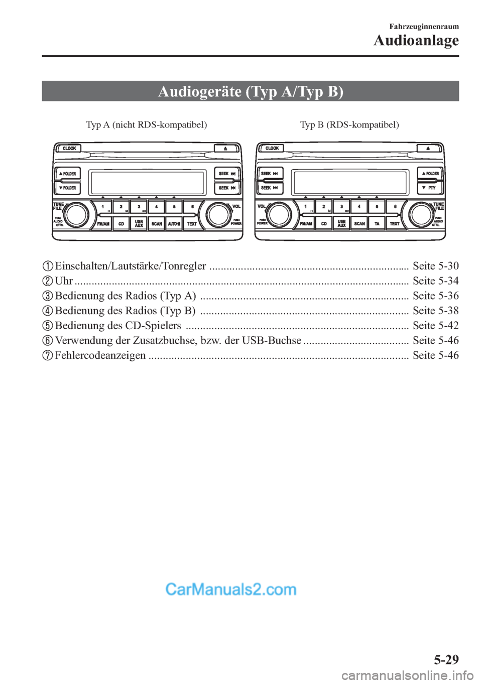 MAZDA MODEL CX-5 2015 Betriebsanleitung (in German) Audiogeräte (Typ A/Typ B)
Typ A (nicht RDS-kompatibel) Typ B (RDS-kompatibel)
Einschalten/Lautstärke/Tonregler ...................................................................... Seite 5-30
Uhr . MAZDA MODEL CX-5 2015 Betriebsanleitung (in German) Audiogeräte (Typ A/Typ B)
Typ A (nicht RDS-kompatibel) Typ B (RDS-kompatibel)
Einschalten/Lautstärke/Tonregler ...................................................................... Seite 5-30
Uhr .