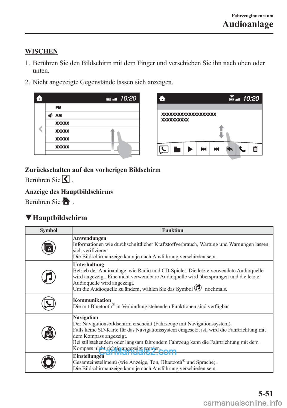MAZDA MODEL CX-5 2015  Betriebsanleitung (in German) WISCHEN
1. Berühren Sie den Bildschirm mit dem Finger und verschieben Sie ihn nach oben oder
unten.
2. Nicht angezeigte Gegenstände lassen sich anzeigen.
Zurückschalten auf den vorherigen Bildschir