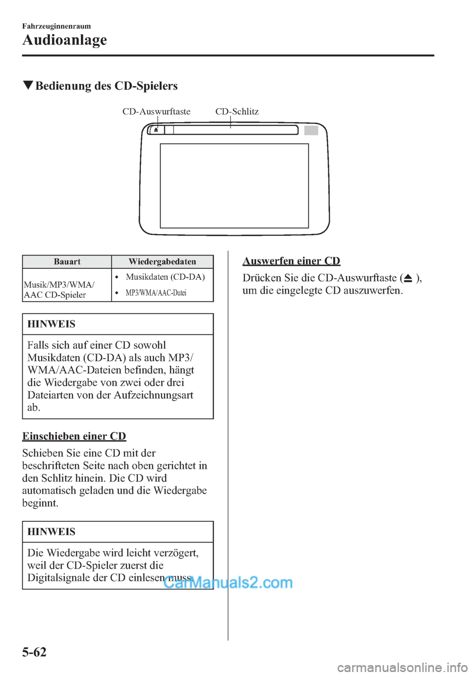 MAZDA MODEL CX-5 2015 Betriebsanleitung (in German) qBedienung des CD-Spielers
CD-Schlitz CD-Auswurftaste
Bauart Wiedergabedaten
Musik/MP3/WMA/
AAC CD-Spieler
lMusikdaten (CD-DA)
lMP3/WMA/AAC-Datei
HINWEIS
Falls sich auf einer CD sowohl
Musikdaten (CD MAZDA MODEL CX-5 2015 Betriebsanleitung (in German) qBedienung des CD-Spielers
CD-Schlitz CD-Auswurftaste
Bauart Wiedergabedaten
Musik/MP3/WMA/
AAC CD-Spieler
lMusikdaten (CD-DA)
lMP3/WMA/AAC-Datei
HINWEIS
Falls sich auf einer CD sowohl
Musikdaten (CD