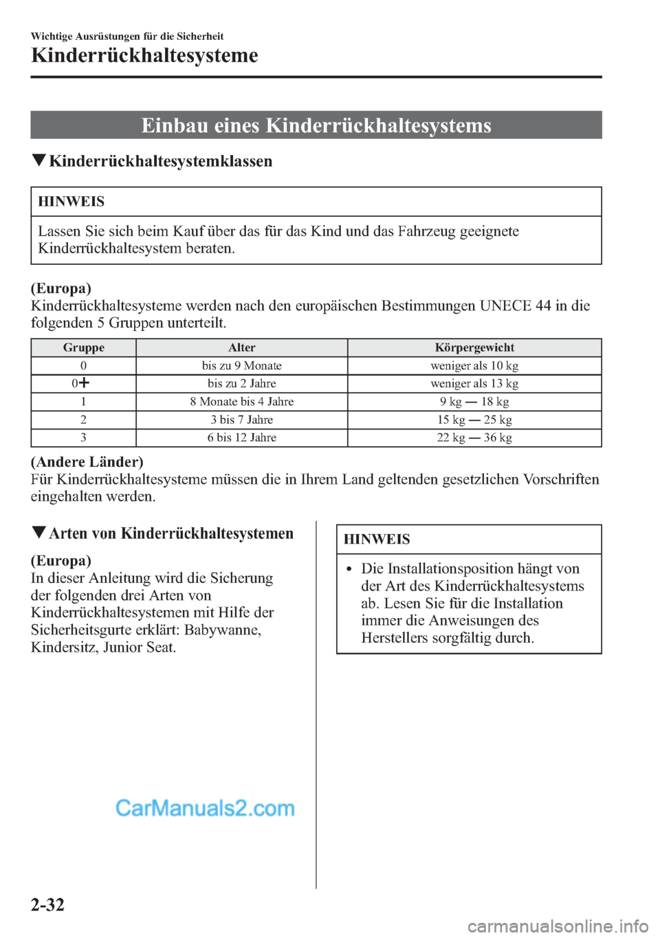 MAZDA MODEL CX-5 2015 Betriebsanleitung (in German) Einbau eines Kinderrückhaltesystems
qKinderrückhaltesystemklassen
HINWEIS
Lassen Sie sich beim Kauf über das für das Kind und das Fahrzeug geeignete
Kinderrückhaltesystem beraten.
(Europa)
Kinder MAZDA MODEL CX-5 2015 Betriebsanleitung (in German) Einbau eines Kinderrückhaltesystems
qKinderrückhaltesystemklassen
HINWEIS
Lassen Sie sich beim Kauf über das für das Kind und das Fahrzeug geeignete
Kinderrückhaltesystem beraten.
(Europa)
Kinder