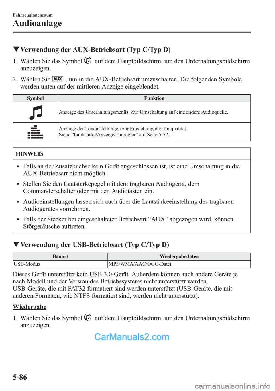 MAZDA MODEL CX-5 2015  Betriebsanleitung (in German) qVerwendung der AUX-Betriebsart (Typ C/Typ D)
1. Wählen Sie das Symbolauf dem Hauptbildschirm, um den Unterhaltungsbildschirm
anzuzeigen.
2. Wählen Sie
, um in die AUX-Betriebsart umzuschalten. Die 