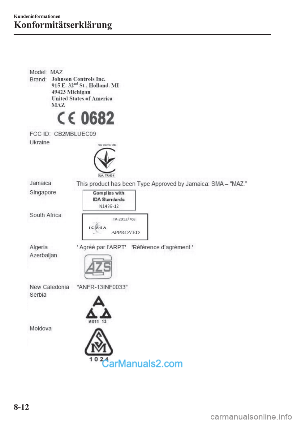 MAZDA MODEL CX-5 2015 Betriebsanleitung (in German) 8-12
Kundeninformationen
Konformitätserklärung MAZDA MODEL CX-5 2015 Betriebsanleitung (in German) 8-12
Kundeninformationen
Konformitätserklärung