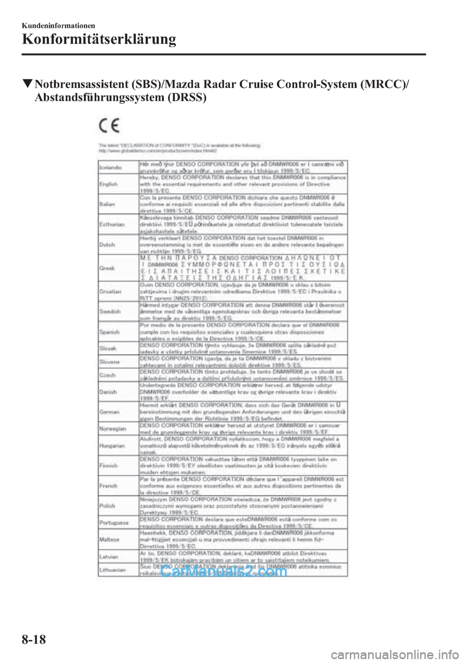 MAZDA MODEL CX-5 2015 Betriebsanleitung (in German) qNotbremsassistent (SBS)/Mazda Radar Cruise Control-System (MRCC)/
Abstandsführungssystem (DRSS)
8-18
Kundeninformationen
Konformitätserklärung MAZDA MODEL CX-5 2015 Betriebsanleitung (in German) qNotbremsassistent (SBS)/Mazda Radar Cruise Control-System (MRCC)/
Abstandsführungssystem (DRSS)
8-18
Kundeninformationen
Konformitätserklärung