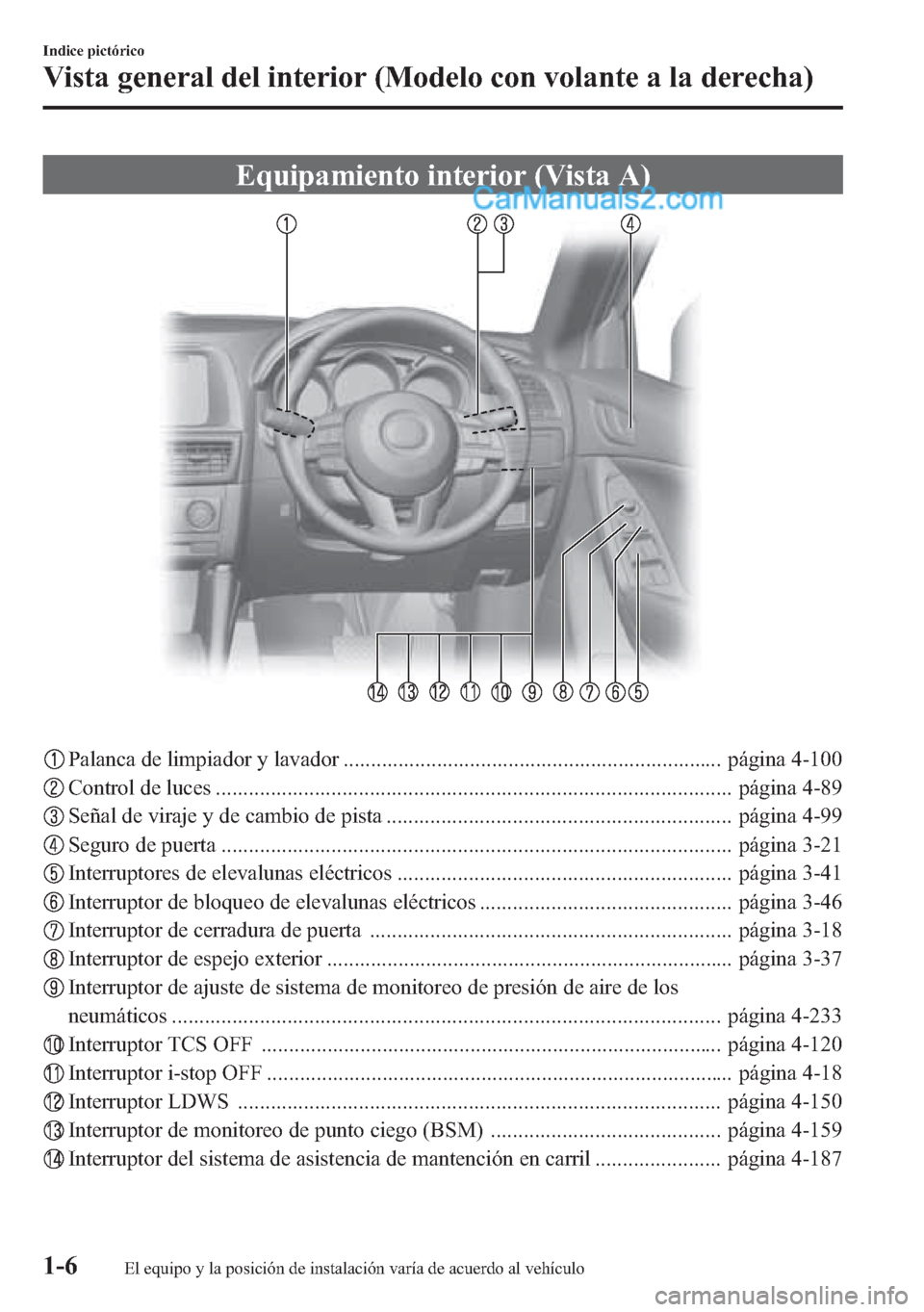 MAZDA MODEL CX-5 2015 Manual del propietario (in Spanish) Equipamiento interior (Vista A)
Palanca de limpiador y lavador ..................................................................... página 4-100
Control de luces .................................... MAZDA MODEL CX-5 2015 Manual del propietario (in Spanish) Equipamiento interior (Vista A)
Palanca de limpiador y lavador ..................................................................... página 4-100
Control de luces ....................................