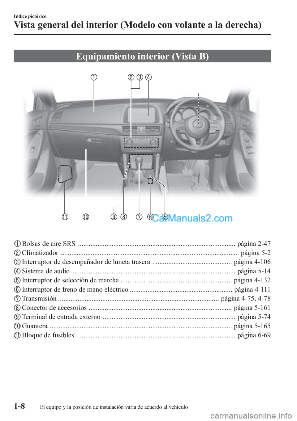 MAZDA MODEL CX-5 2015 Manual del propietario (in Spanish) Equipamiento interior (Vista B)
Bolsas de aire SRS ......................................................................................... página 2-47
Climatizador ................................. MAZDA MODEL CX-5 2015 Manual del propietario (in Spanish) Equipamiento interior (Vista B)
Bolsas de aire SRS ......................................................................................... página 2-47
Climatizador .................................