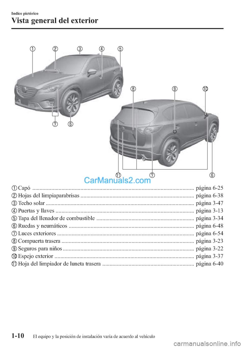 MAZDA MODEL CX-5 2015 Manual del propietario (in Spanish) Capó ............................................................................................................... página 6-25
Hojas del limpiaparabrisas .......................................... MAZDA MODEL CX-5 2015 Manual del propietario (in Spanish) Capó ............................................................................................................... página 6-25
Hojas del limpiaparabrisas ..........................................