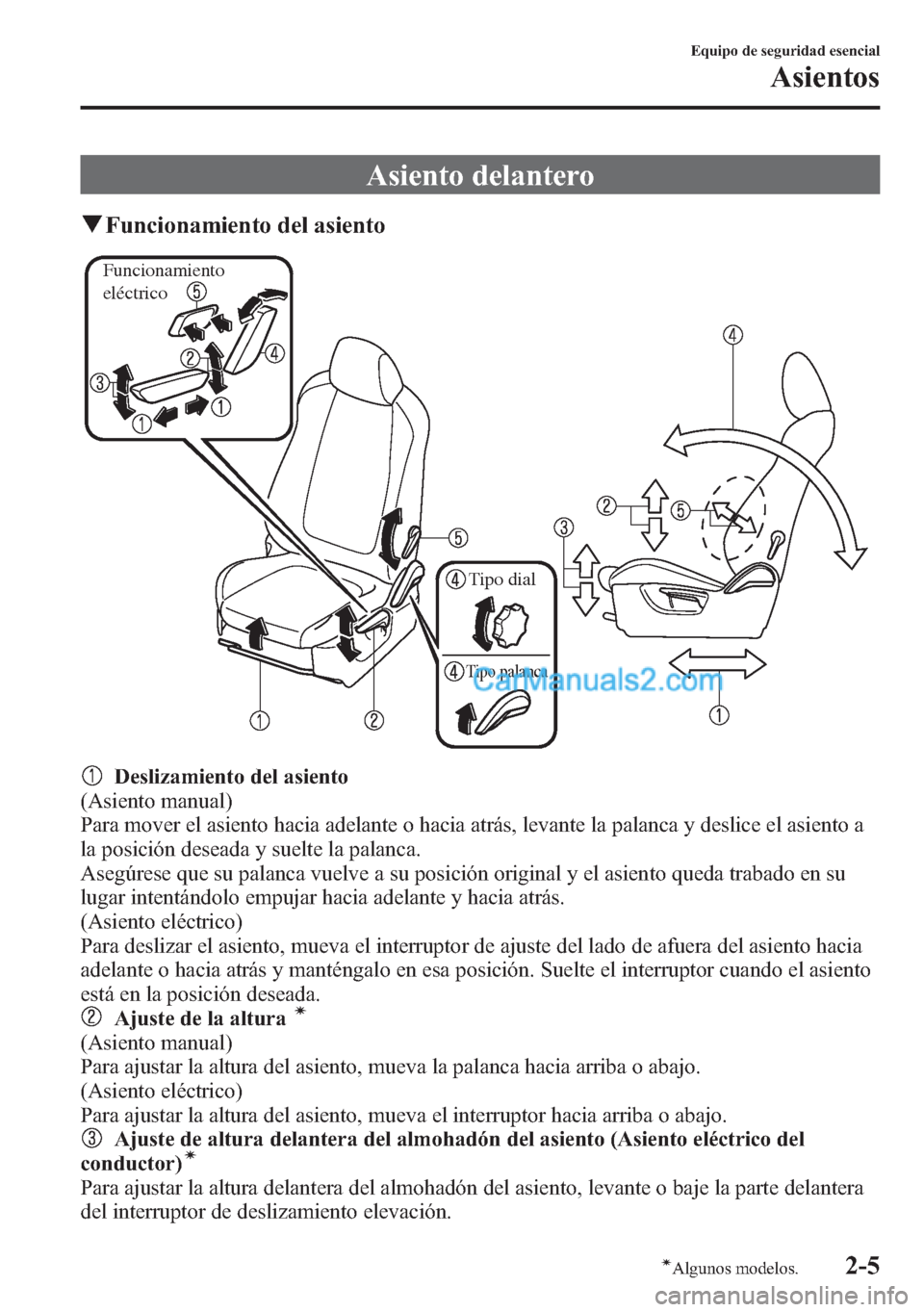 MAZDA MODEL CX-5 2015 Manual del propietario (in Spanish) Asiento delantero
qFuncionamiento del asiento
Funcionamiento
eléctrico
Tipo dial
Tipo palanca
Deslizamiento del asiento
(Asiento manual)
Para mover el asiento hacia adelante o hacia atrás, levante MAZDA MODEL CX-5 2015 Manual del propietario (in Spanish) Asiento delantero
qFuncionamiento del asiento
Funcionamiento
eléctrico
Tipo dial
Tipo palanca
Deslizamiento del asiento
(Asiento manual)
Para mover el asiento hacia adelante o hacia atrás, levante