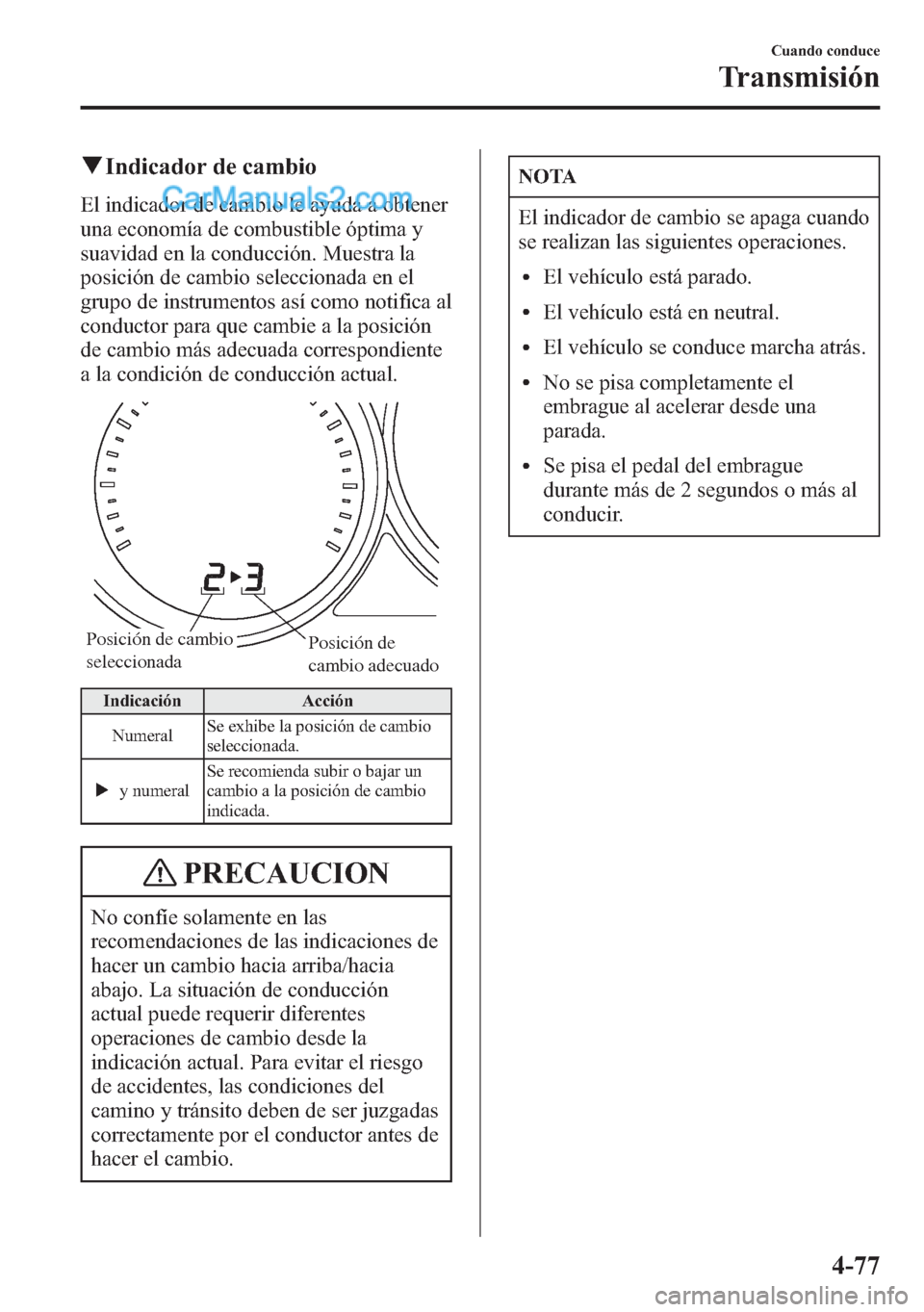 MAZDA MODEL CX-5 2015  Manual del propietario (in Spanish)  qIndicador de cambio
El indicador de cambio le ayuda a obtener
una economía de combustible óptima y
suavidad en la conducción. Muestra la
posición de cambio seleccionada en el
grupo de instrumento