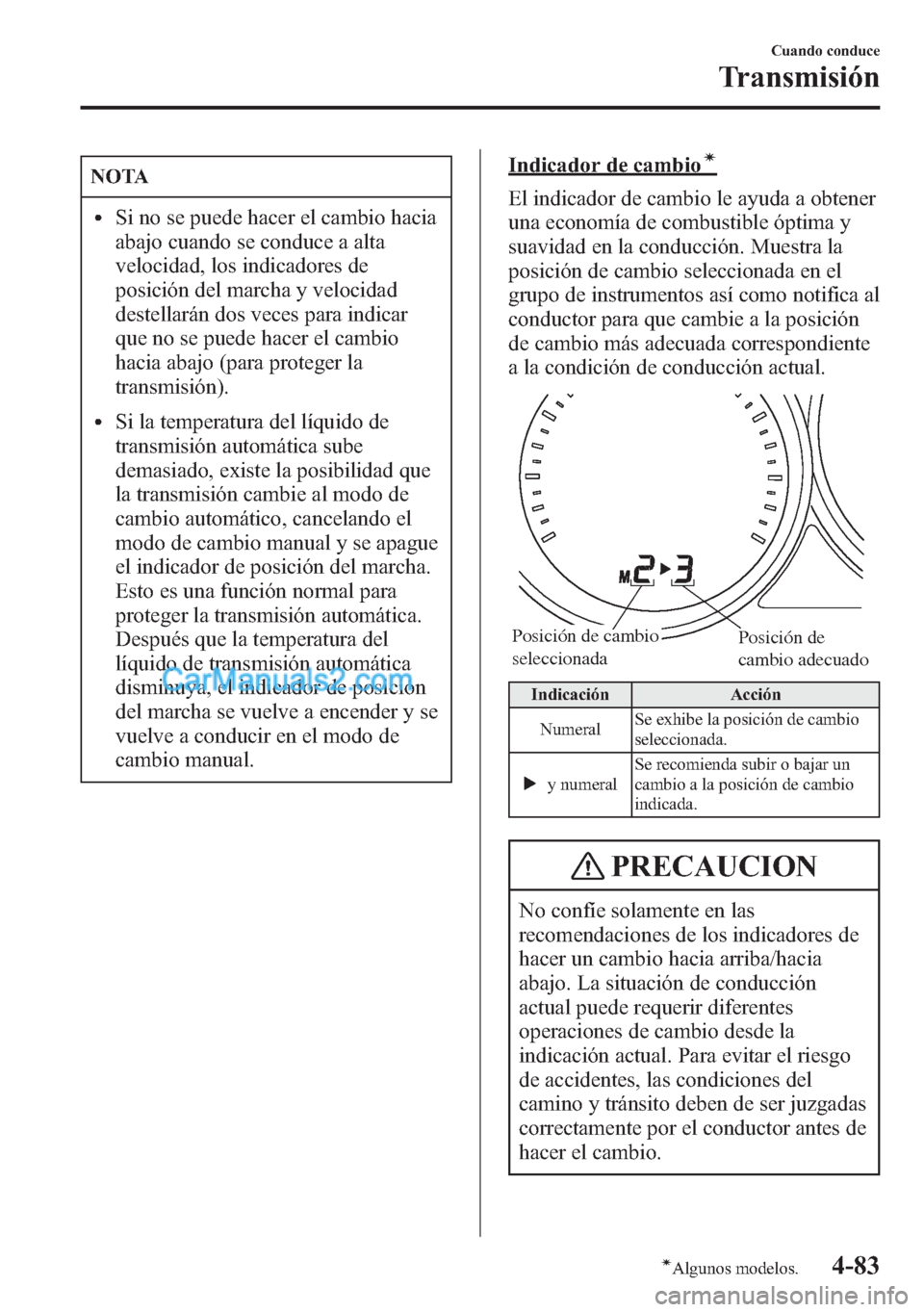 MAZDA MODEL CX-5 2015 Manual del propietario (in Spanish) NOTA
lSi no se puede hacer el cambio hacia
abajo cuando se conduce a alta
velocidad, los indicadores de
posición del marcha y velocidad
destellarán dos veces para indicar
que no se puede hacer el ca MAZDA MODEL CX-5 2015 Manual del propietario (in Spanish) NOTA
lSi no se puede hacer el cambio hacia
abajo cuando se conduce a alta
velocidad, los indicadores de
posición del marcha y velocidad
destellarán dos veces para indicar
que no se puede hacer el ca
