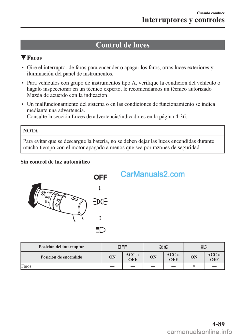 MAZDA MODEL CX-5 2015 Manual del propietario (in Spanish) Control de luces
qFaros
lGire el interruptor de faros para encender o apagar los faros, otras luces exteriores y
iluminación del panel de instrumentos.
lPara vehículos con grupo de instrumentos tipo MAZDA MODEL CX-5 2015 Manual del propietario (in Spanish) Control de luces
qFaros
lGire el interruptor de faros para encender o apagar los faros, otras luces exteriores y
iluminación del panel de instrumentos.
lPara vehículos con grupo de instrumentos tipo
