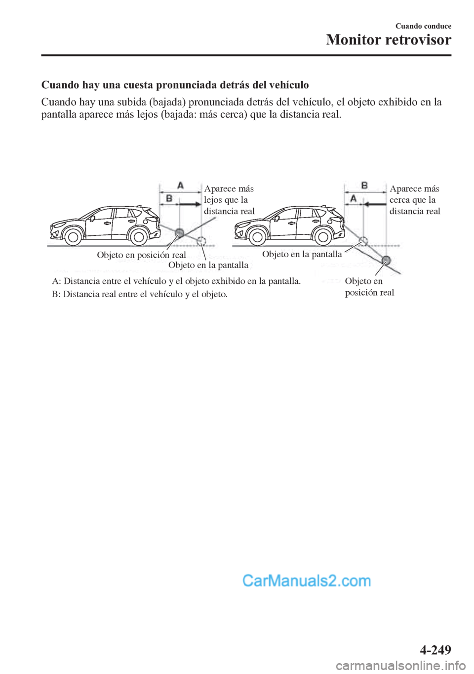 MAZDA MODEL CX-5 2015 Manual del propietario (in Spanish) Cuando hay una cuesta pronunciada detrás del vehículo
Cuando hay una subida (bajada) pronunciada detrás del vehículo, el objeto exhibido en la
pantalla aparece más lejos (bajada: más cerca) que MAZDA MODEL CX-5 2015 Manual del propietario (in Spanish) Cuando hay una cuesta pronunciada detrás del vehículo
Cuando hay una subida (bajada) pronunciada detrás del vehículo, el objeto exhibido en la
pantalla aparece más lejos (bajada: más cerca) que