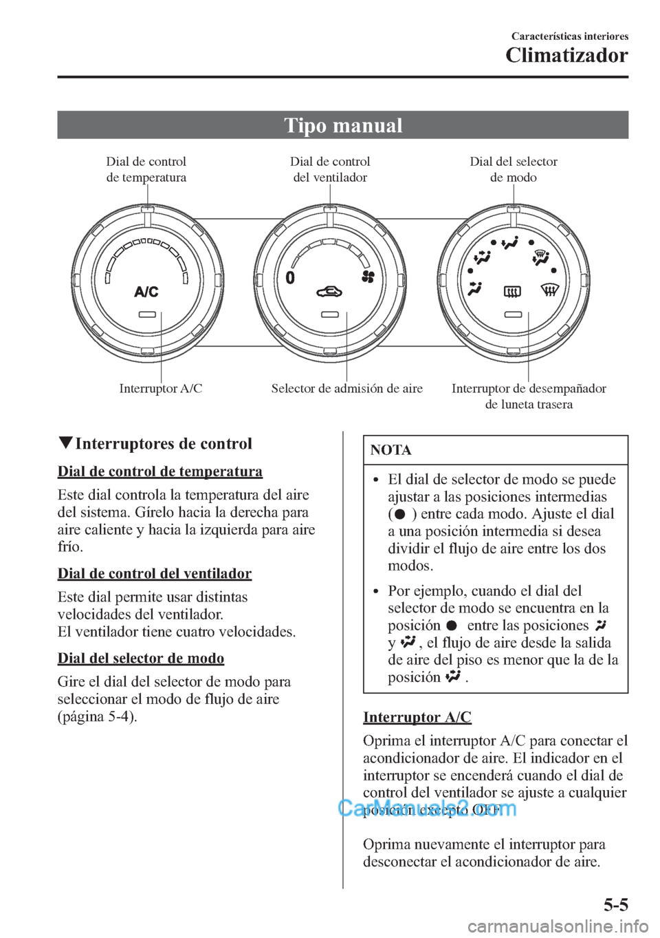 MAZDA MODEL CX-5 2015 Manual del propietario (in Spanish) Tipo manual
Dial de control
de temperaturaDial de control
del ventiladorDial del selector
de modo
Interruptor A/C Selector de admisión de aire Interruptor de desempañador
de luneta trasera
qInte MAZDA MODEL CX-5 2015 Manual del propietario (in Spanish) Tipo manual
Dial de control
de temperaturaDial de control
del ventiladorDial del selector
de modo
Interruptor A/C Selector de admisión de aire Interruptor de desempañador
de luneta trasera
qInte