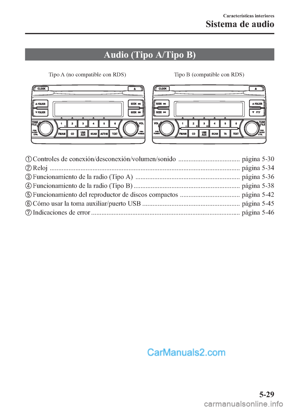 MAZDA MODEL CX-5 2015 Manual del propietario (in Spanish) Audio (Tipo A/Tipo B)
Tipo A (no compatible con RDS) Tipo B (compatible con RDS)
Controles de conexión/desconexión/volumen/sonido .................................... página 5-30
Reloj ............ MAZDA MODEL CX-5 2015 Manual del propietario (in Spanish) Audio (Tipo A/Tipo B)
Tipo A (no compatible con RDS) Tipo B (compatible con RDS)
Controles de conexión/desconexión/volumen/sonido .................................... página 5-30
Reloj ............
