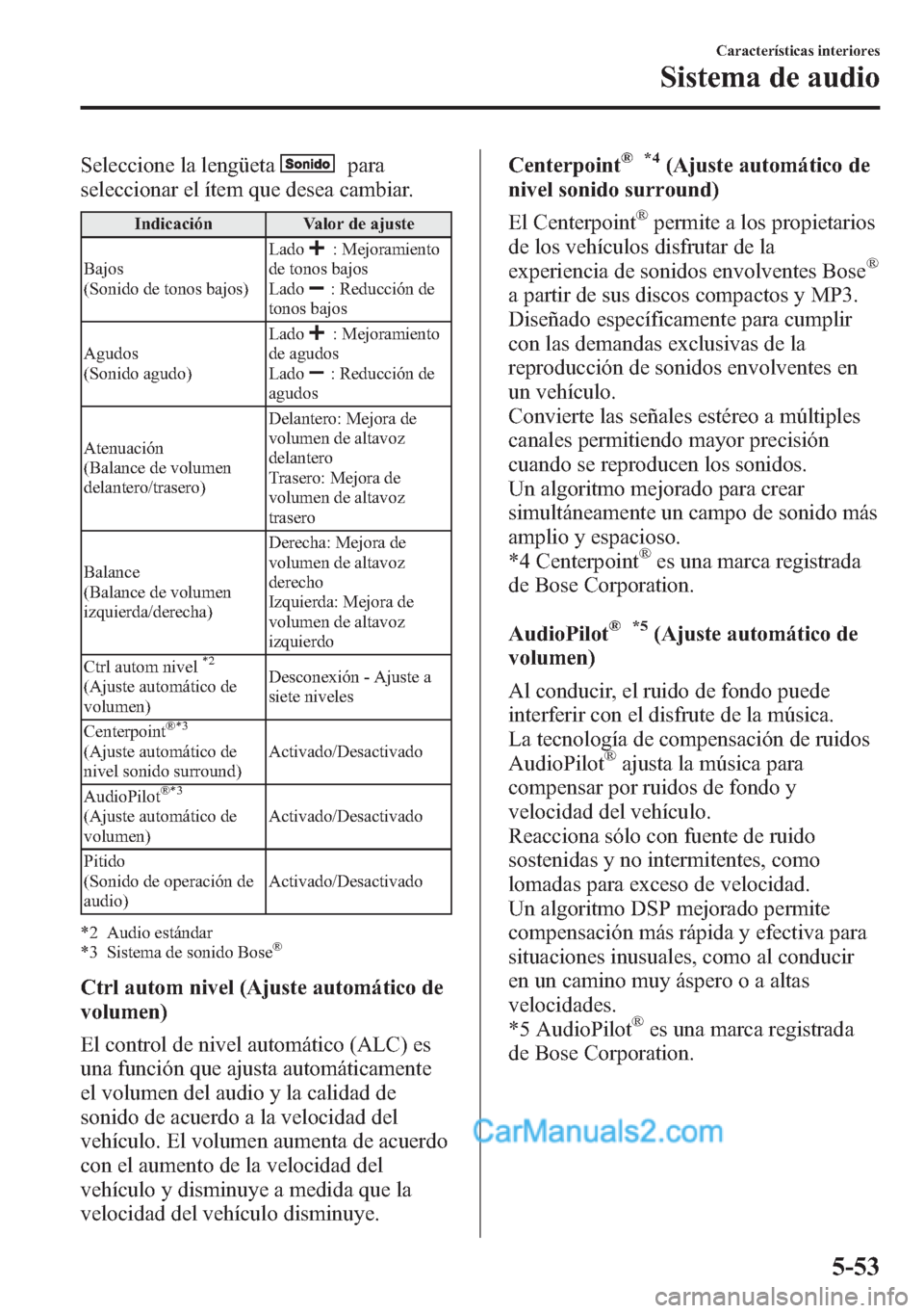 MAZDA MODEL CX-5 2015  Manual del propietario (in Spanish)  Seleccione la lengüetapara
seleccionar el ítem que desea cambiar.
Indicación Valor de ajuste
Bajos
(Sonido de tonos bajos)Lado
: Mejoramiento
de tonos bajos
Lado
: Reducción de
tonos bajos
Agudos
