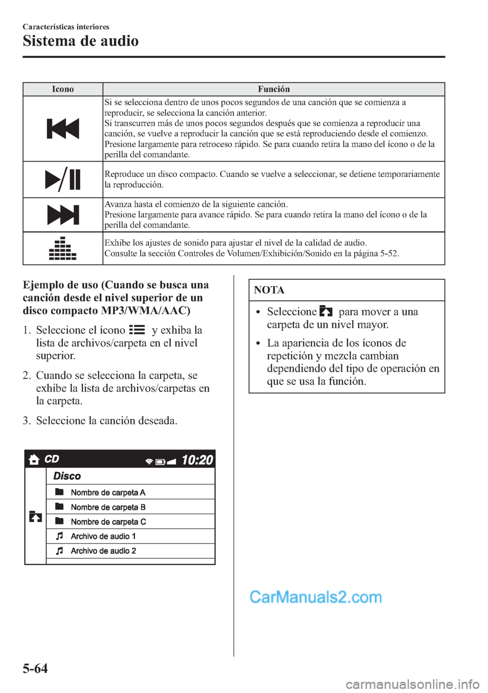MAZDA MODEL CX-5 2015  Manual del propietario (in Spanish)  Icono Función
Si se selecciona dentro de unos pocos segundos de una canción que se comienza a
reproducir, se selecciona la canción anterior.
Si transcurren más de unos pocos segundos después que 