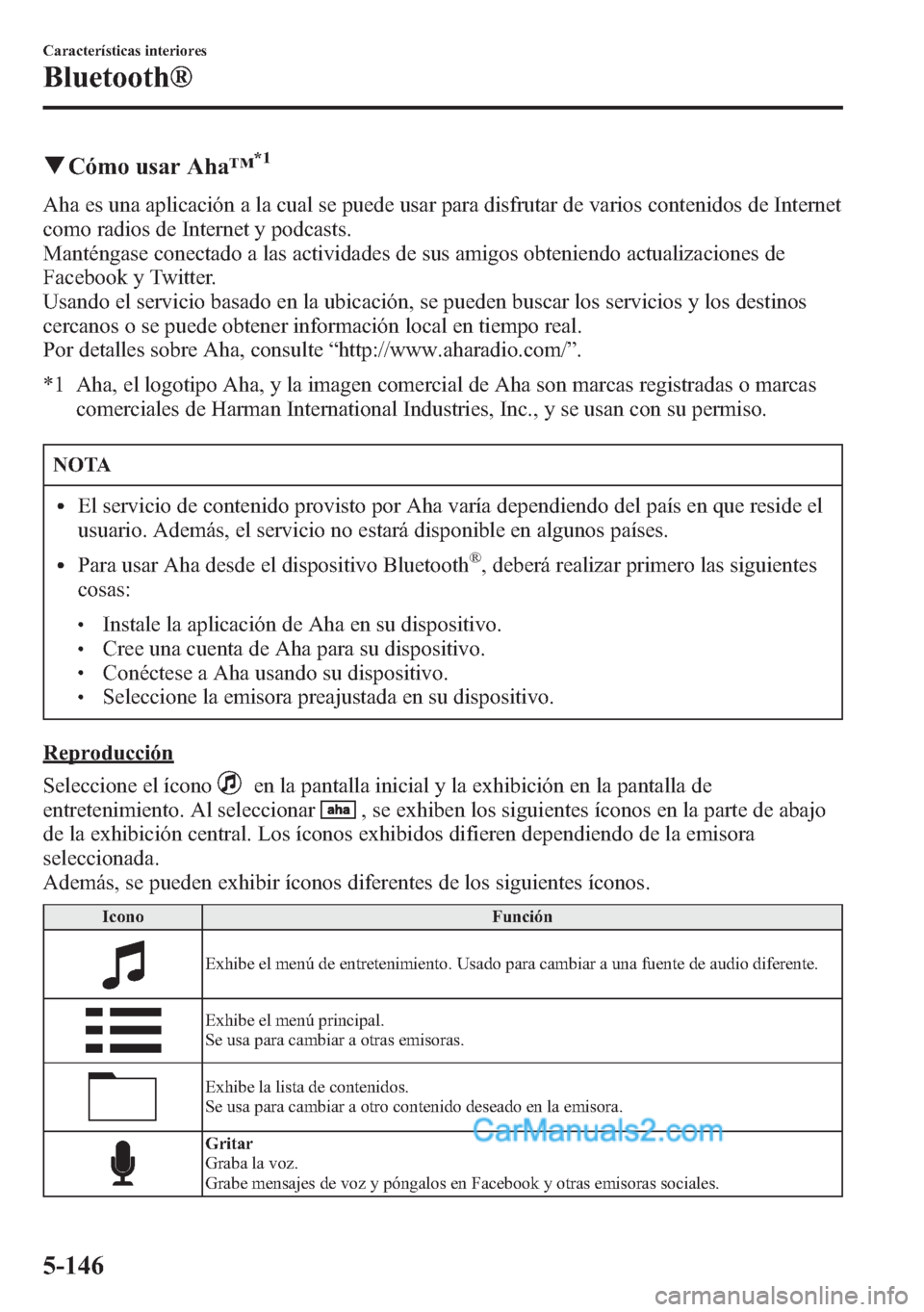 MAZDA MODEL CX-5 2015 Manual del propietario (in Spanish) qCómo usar Aha™*1
Aha es una aplicación a la cual se puede usar para disfrutar de varios contenidos de Internet
como radios de Internet y podcasts.
Manténgase conectado a las actividades de sus a MAZDA MODEL CX-5 2015 Manual del propietario (in Spanish) qCómo usar Aha™*1
Aha es una aplicación a la cual se puede usar para disfrutar de varios contenidos de Internet
como radios de Internet y podcasts.
Manténgase conectado a las actividades de sus a