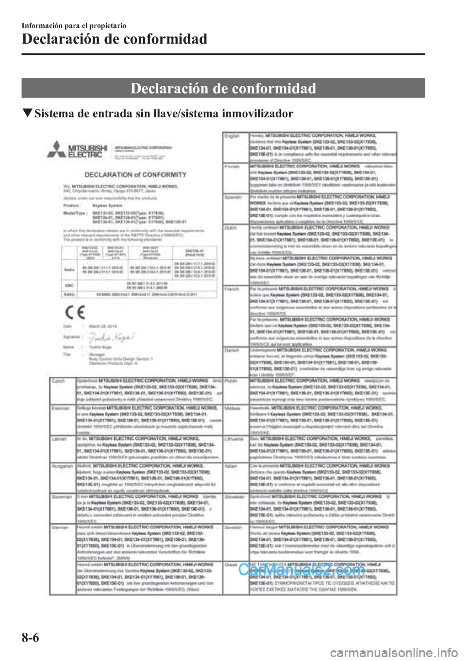 MAZDA MODEL CX-5 2015  Manual del propietario (in Spanish)  Declaración de conformidad
qSistema de entrada sin llave/sistema inmovilizador
8-6
Información para el propietario
Declaración de conformidad  